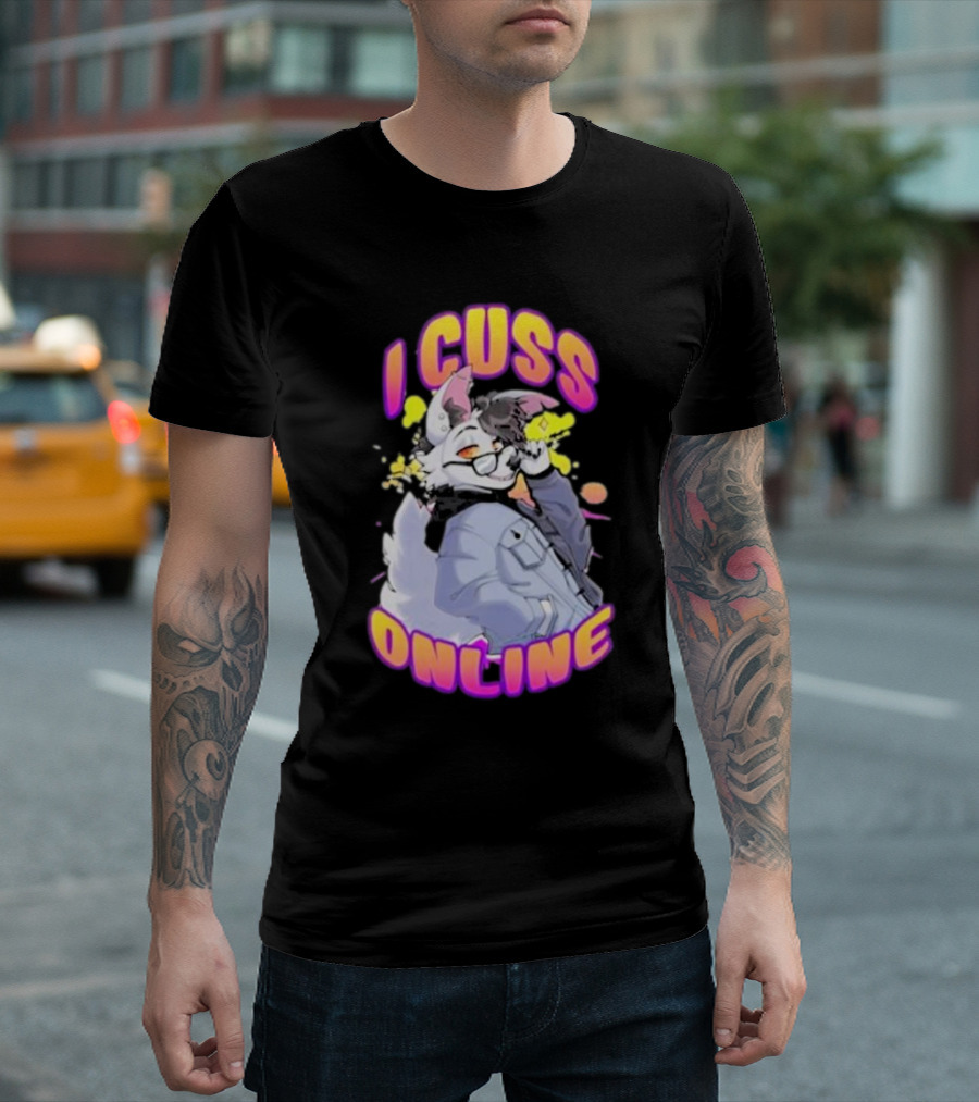 I Cuss Online By Hell Grip Wolf Cartoon Character with Jacket and Sunglasses T-Shirt