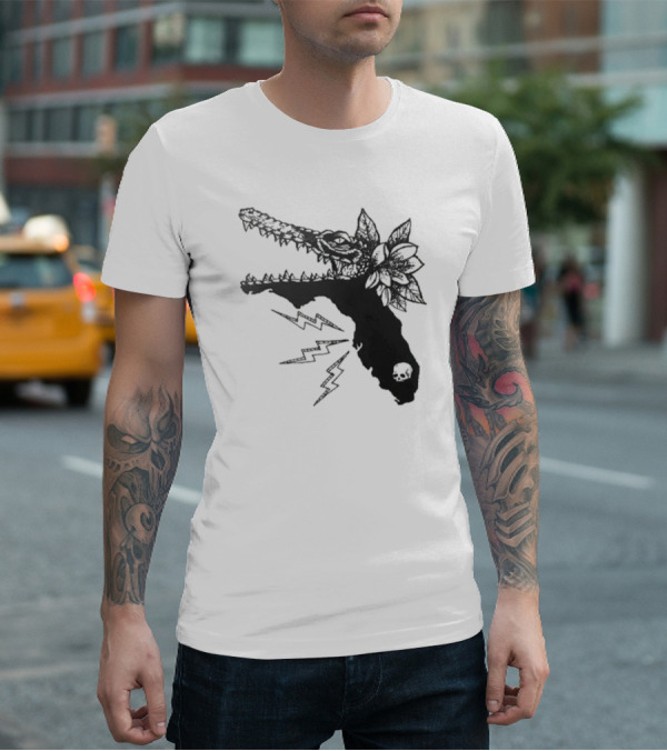 Florida Will Eat You - Alligator Skull Lightning Magnolia Map T-Shirt