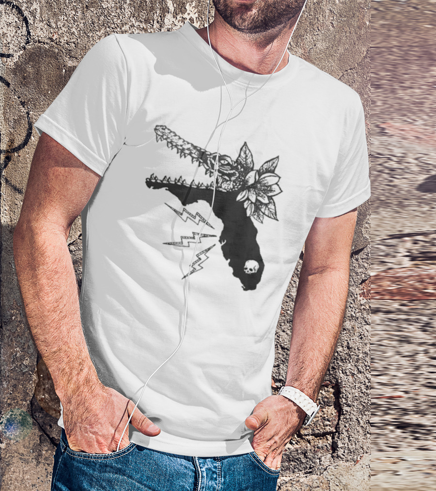 Florida Will Eat You - Alligator Skull Lightning Magnolia Map T-Shirt