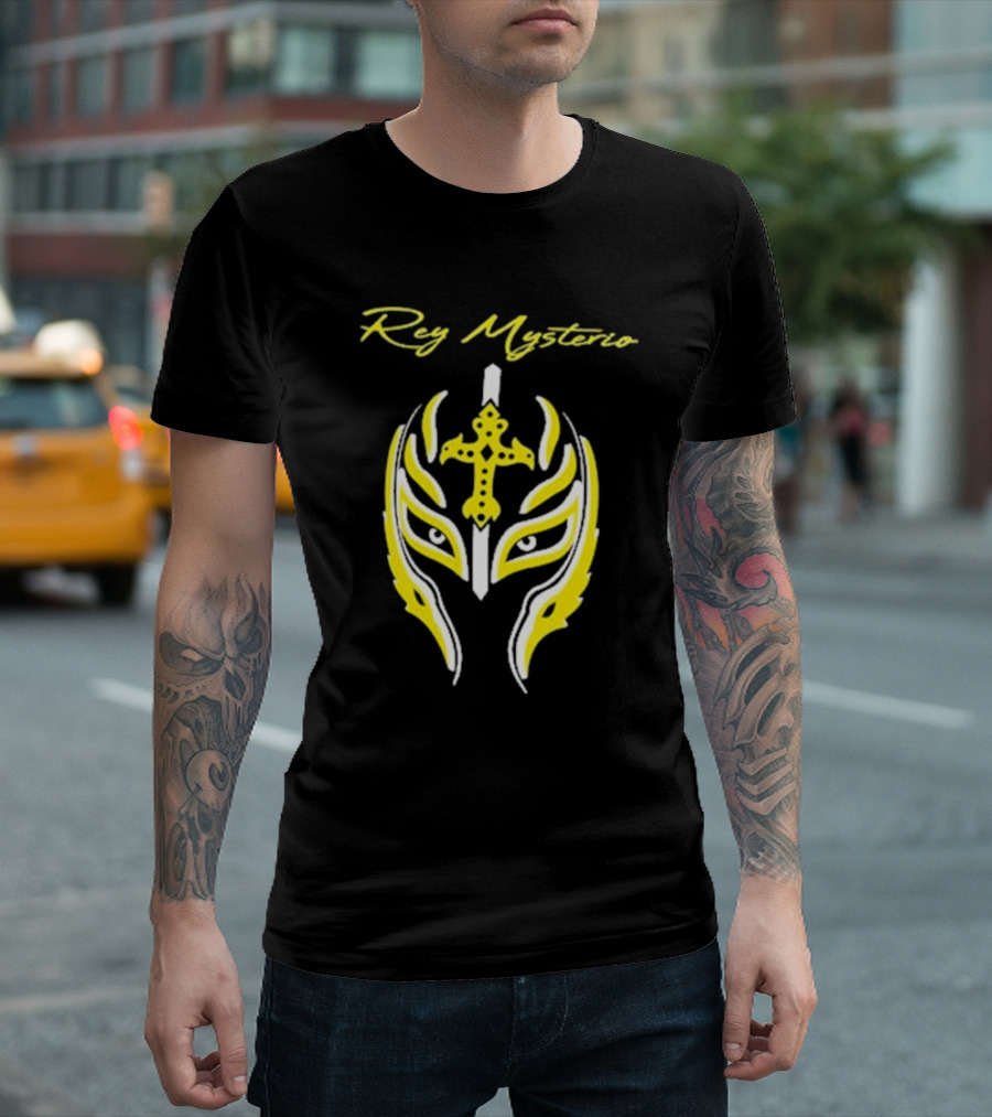 Rey Mysterio Cross Mask Icon with Yellow and White Accents T-Shirt