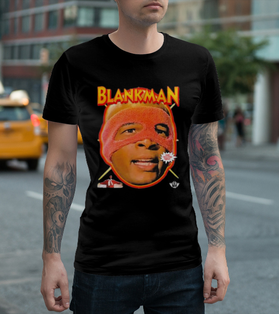Blankman Heroic Arrival To Save Your Butt With Iconic Masked Superhero Image T-Shirt