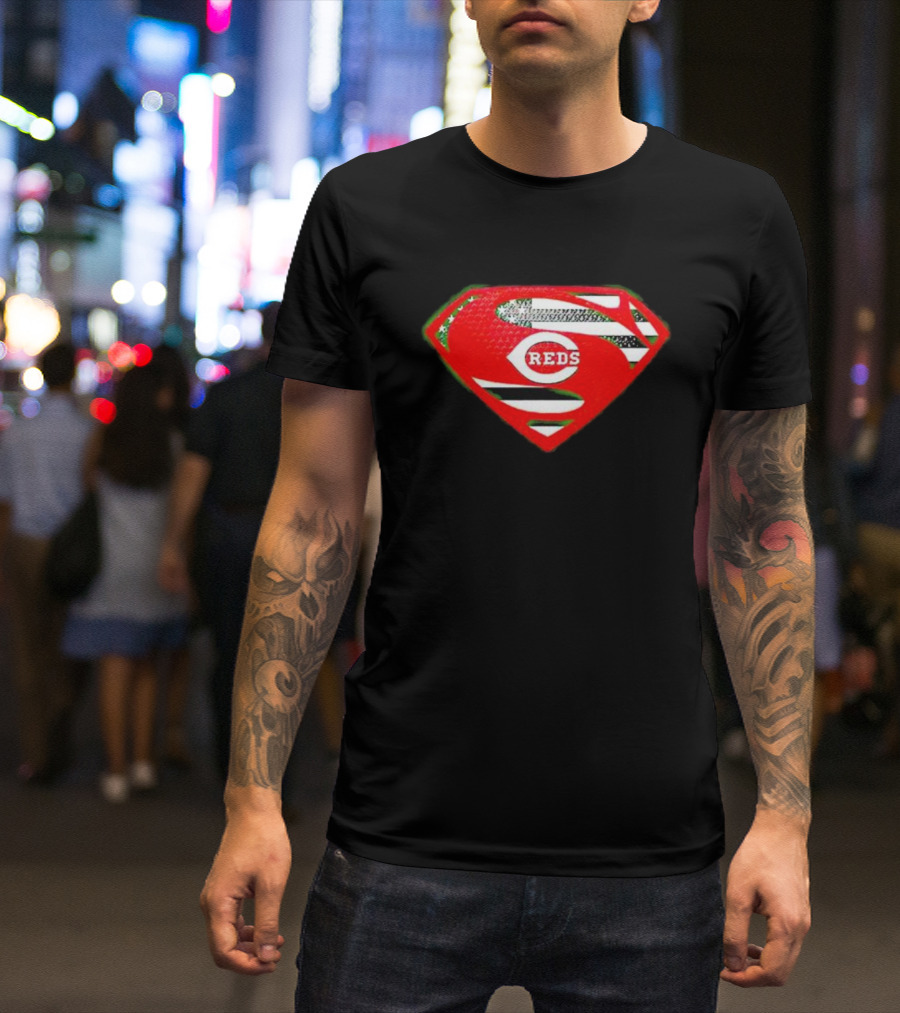 Cincinnati Reds Superman Shield USA Flag T-Shirt