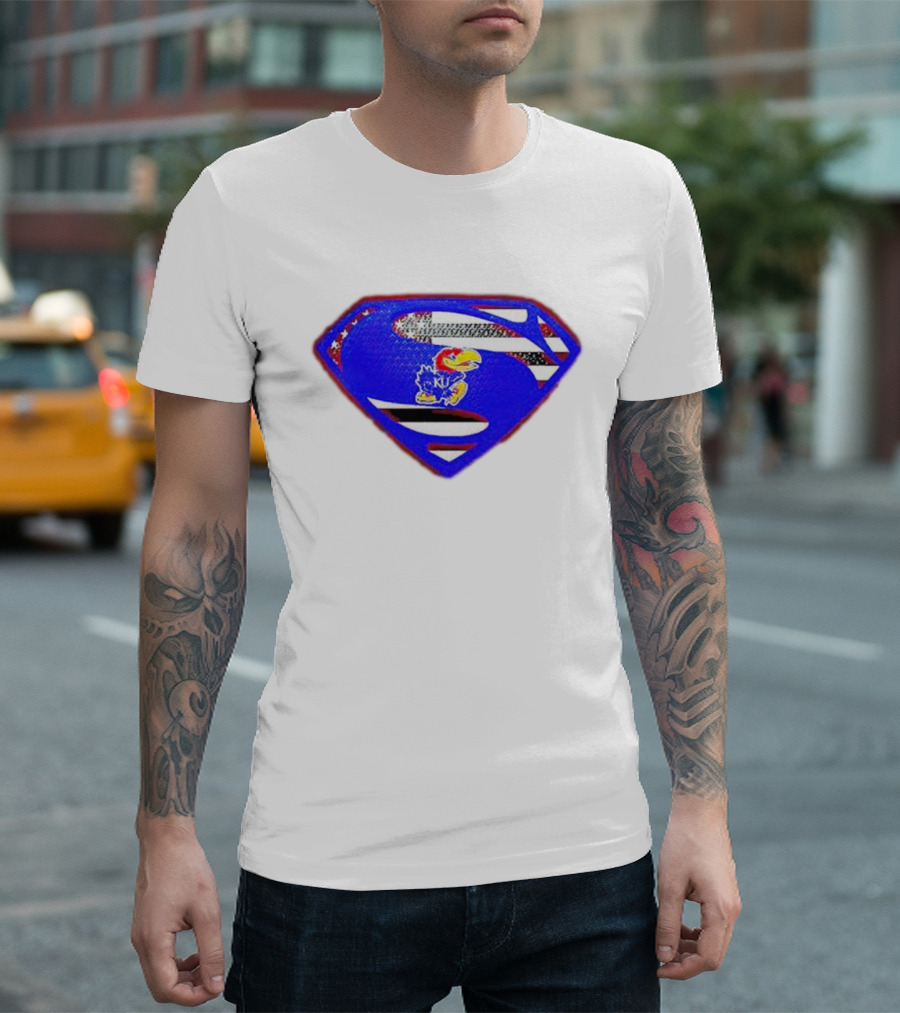 Kansas Jayhawks Superman Logo with USA Flag T-Shirt