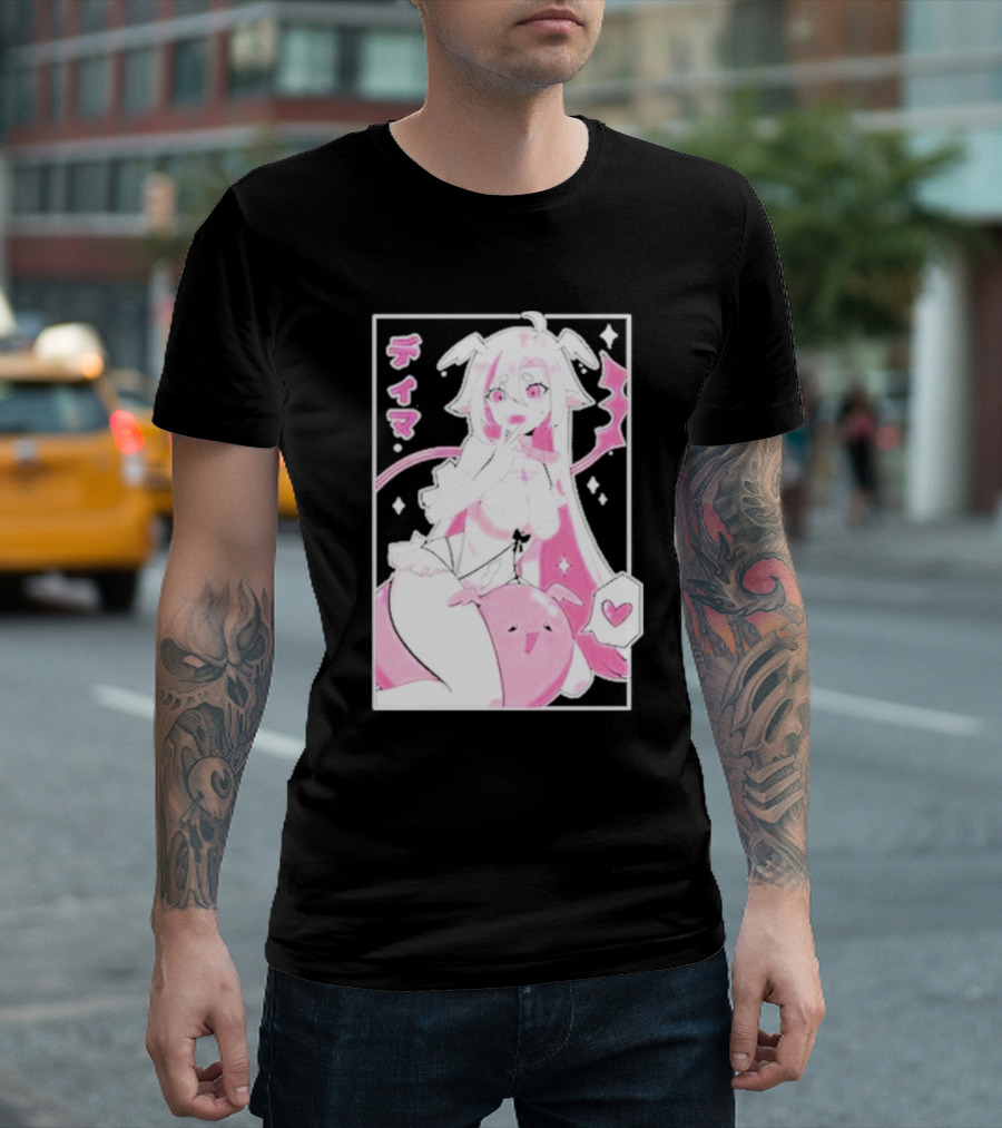 Uwumarket Dimatheduchess Thigh Love Pink Anime Character with Heart and Japanese Text T-Shirt
