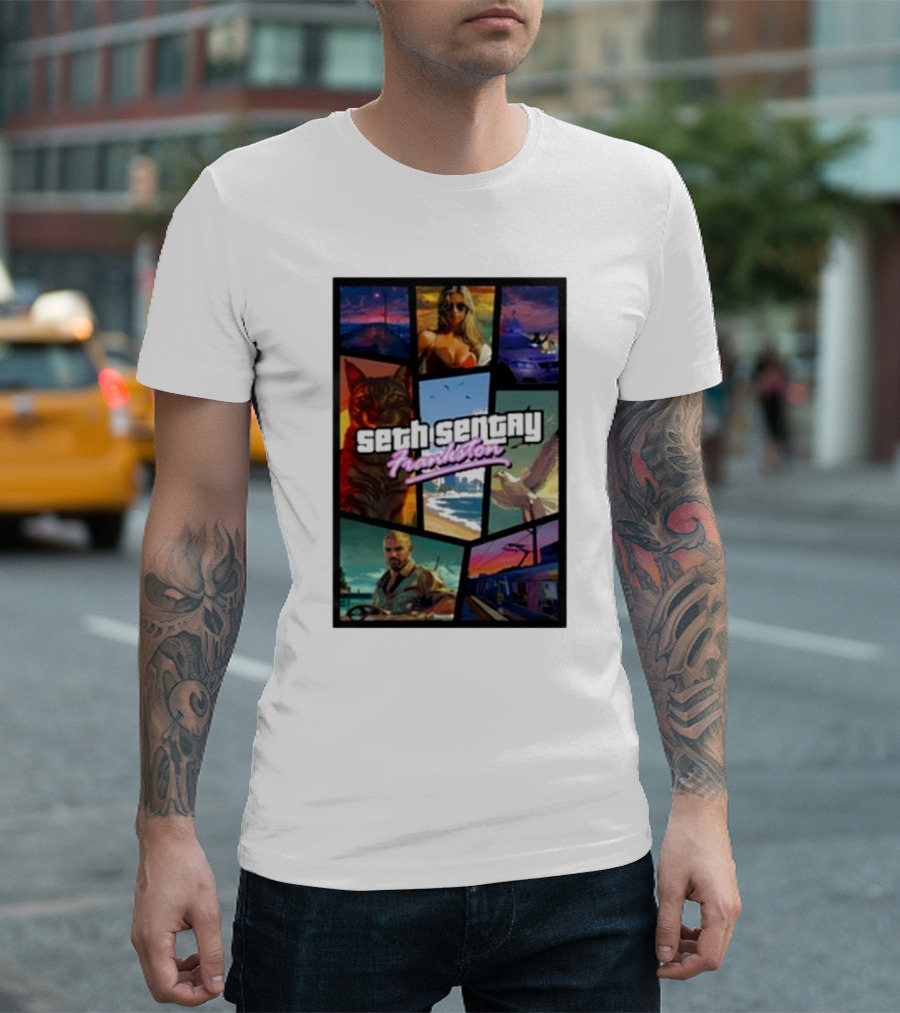Seth Sentry Frankston GTA Style Art with Cat and City Scenes T-Shirt
