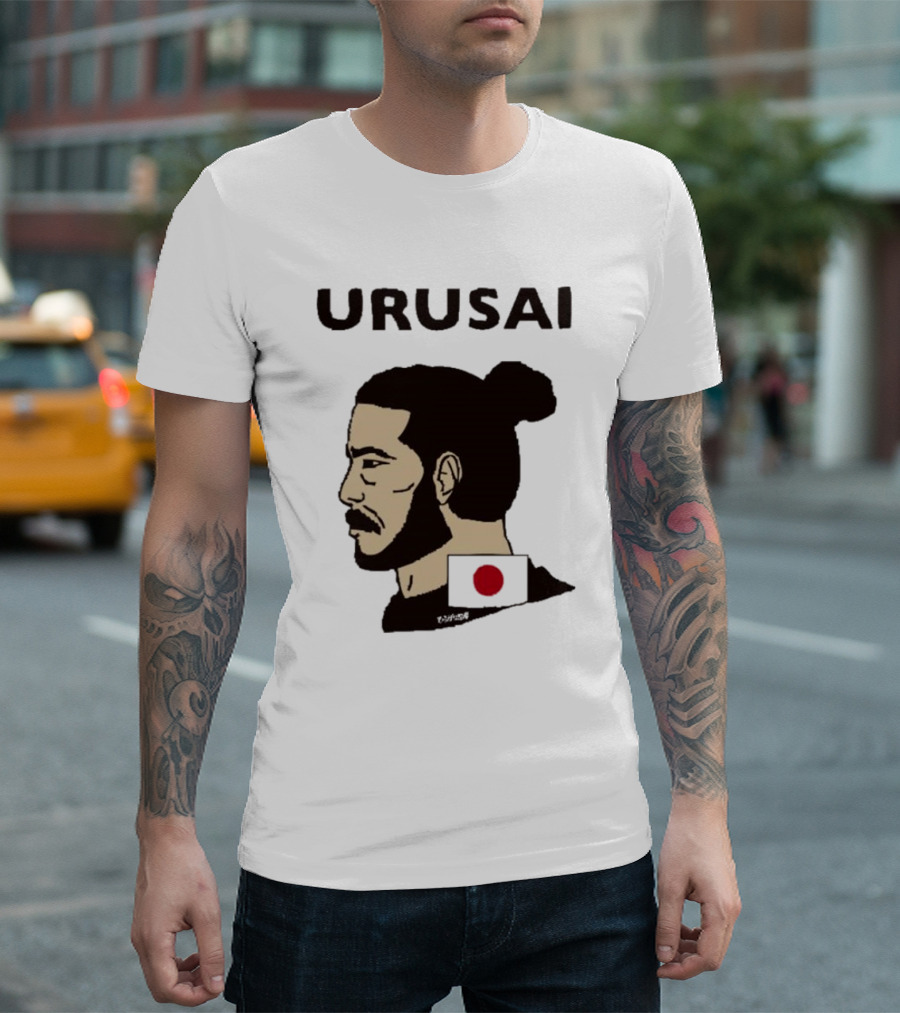 URUSAI Hiragana Ninja Japan Samurai Man Bun Profile with Flag T-Shirt
