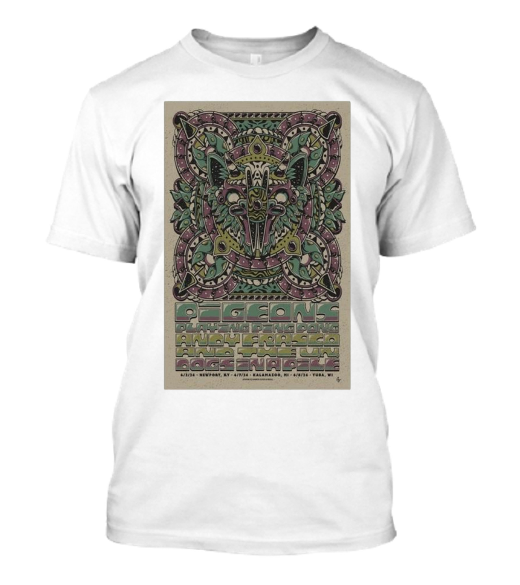 Pigeons Playing Ping Pong Andy Frasco Dogs In A Pile Newport Kalamazoo Yuba T-Shirt