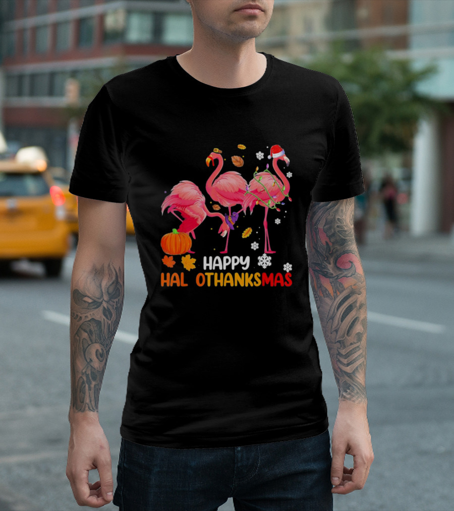 Happy Hallothanksmas Flamingo Halloween Thanksgiving Pumpkin Leaves Snowflakes T-Shirt