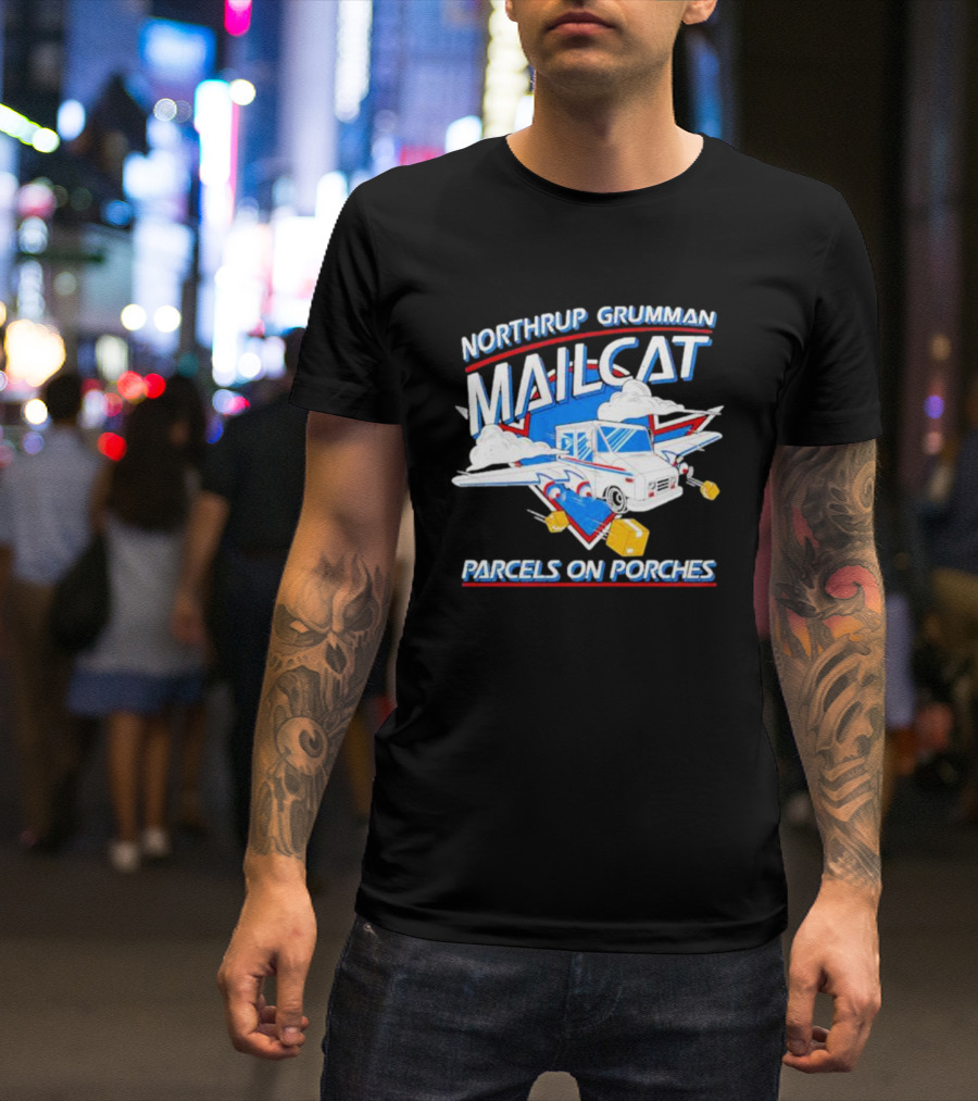 Northrup Grumman Mailcat Parcels On Porches Delivery Truck Clouds T-Shirt