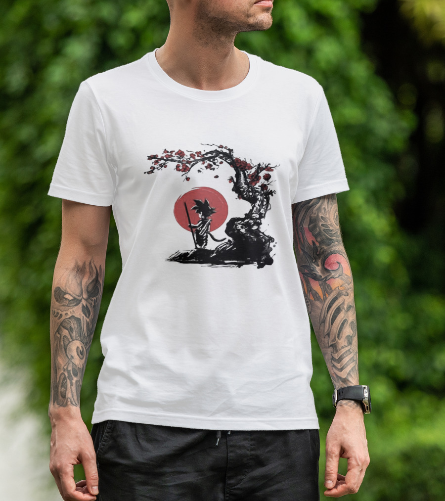 Son Goku Saiyan Solitude Beneath Cherry Blossom And Sun T-Shirt
