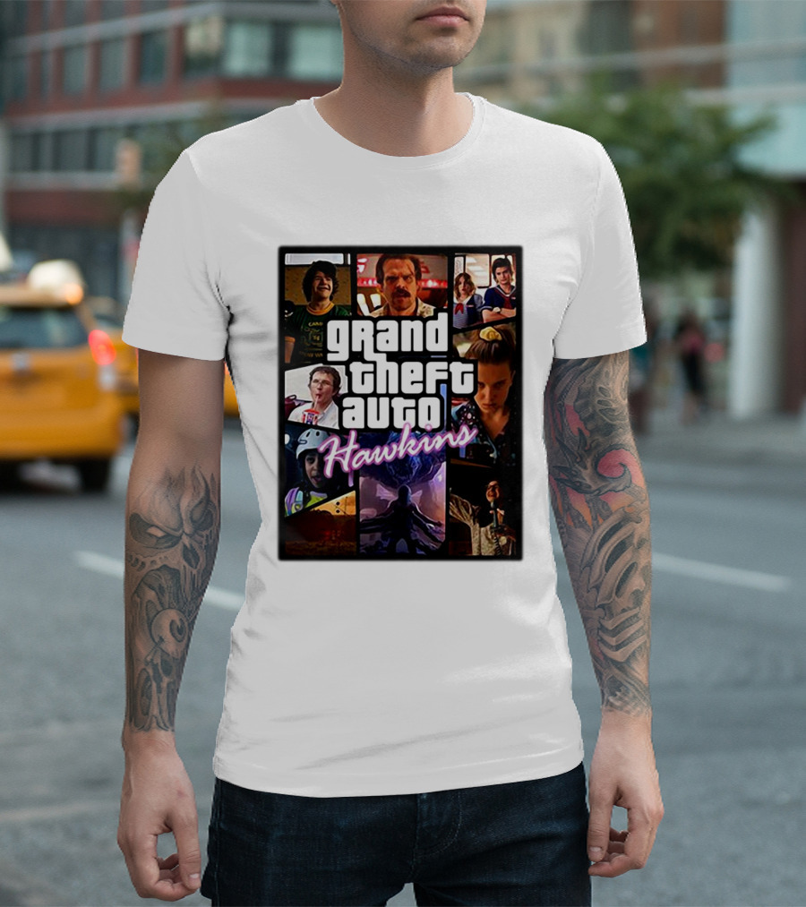 Stranger Things 3 Grand Theft Auto Hawkins Vintage Style Collage T-Shirt