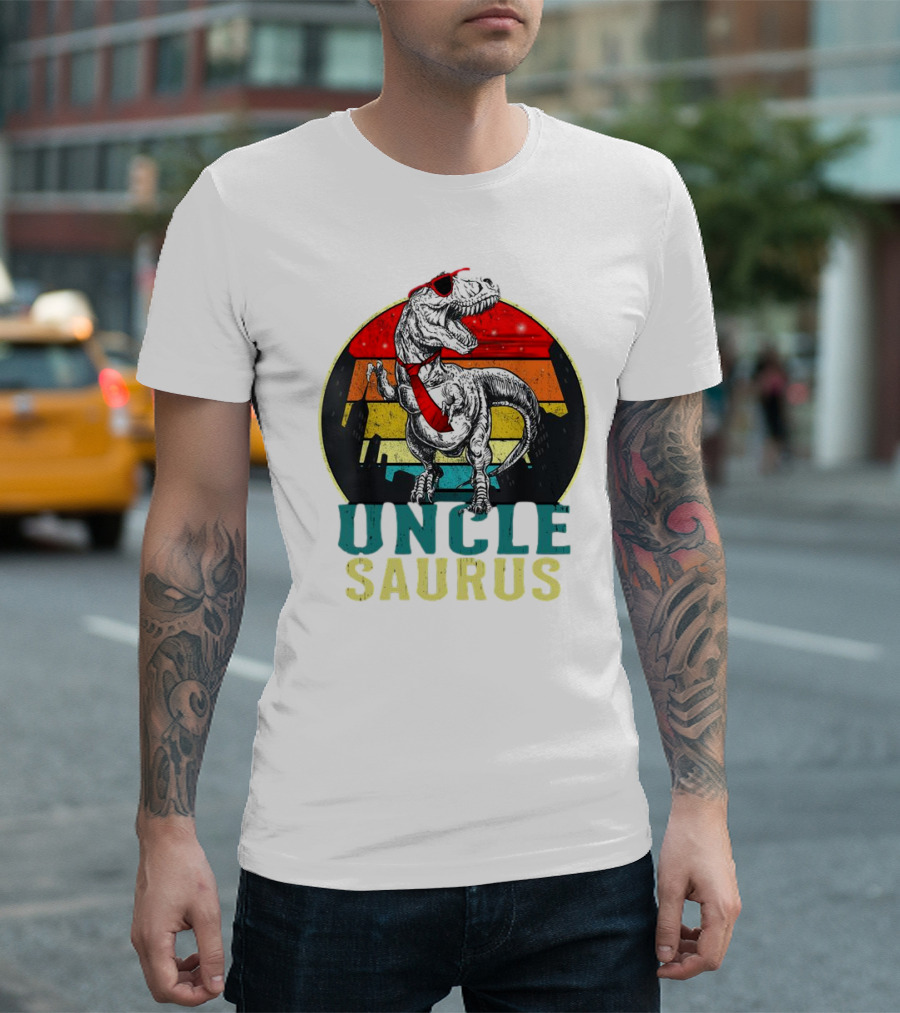 Uncle Saurus Rex Dinosaur with Sunglasses and Red Tie Fathers Day T-Shirt