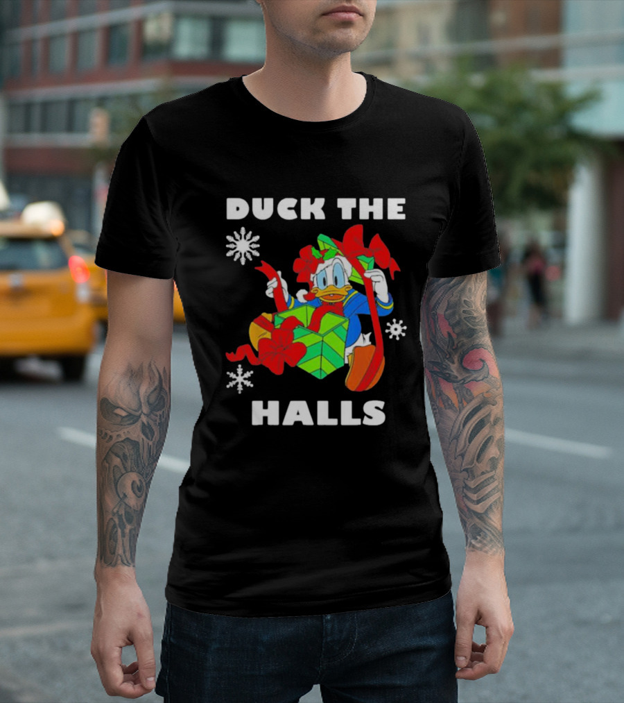 Duck The Halls Christmas With Present And Snowflakes T-Shirt