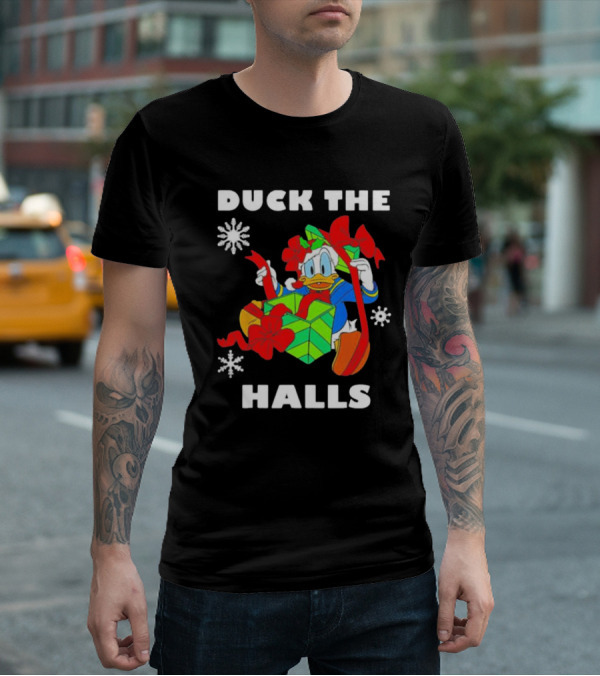 Duck The Halls Christmas With Present And Snowflakes T-Shirt
