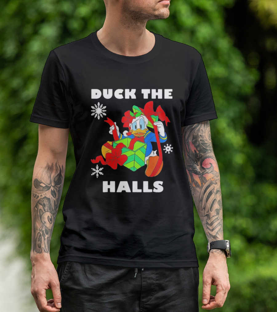 Duck The Halls Christmas With Present And Snowflakes T-Shirt