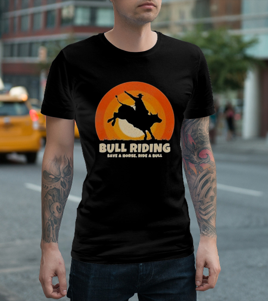 Bull Riding Save A Horse Ride A Bull Sunset Silhouette Cowboy Vintage T-Shirt