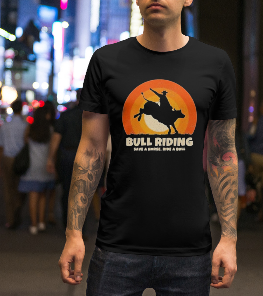 Bull Riding Save A Horse Ride A Bull Sunset Silhouette Cowboy Vintage T-Shirt