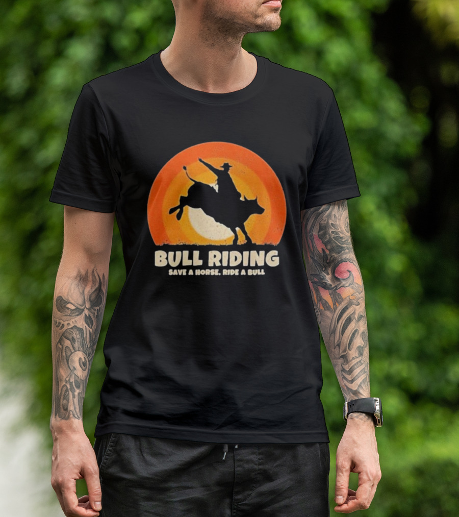 Bull Riding Save A Horse Ride A Bull Sunset Silhouette Cowboy Vintage T-Shirt