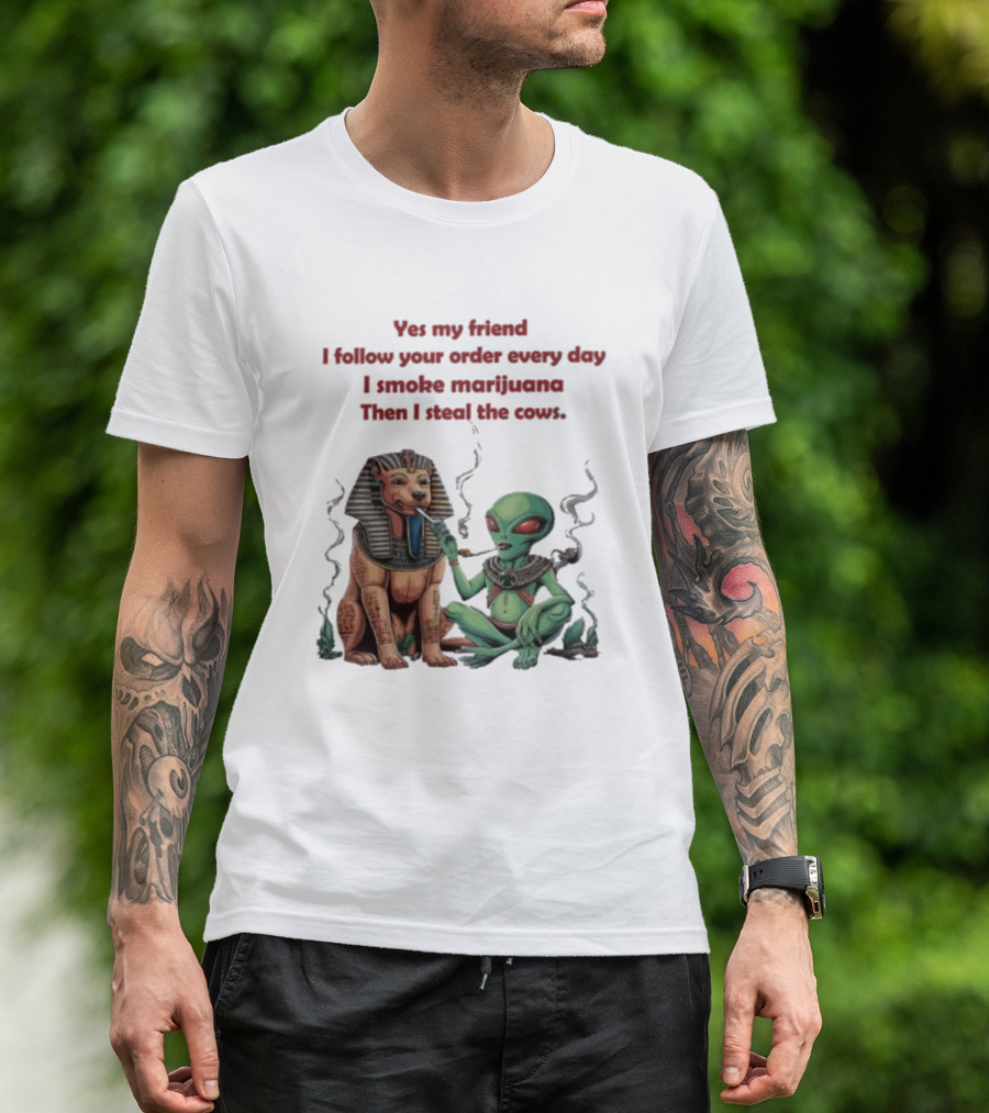 Yes My Friend I Follow Your Order Every Day I Smoke Marijuana Then I Steal The Cows Alien With Sphinx Smoking T-Shirt