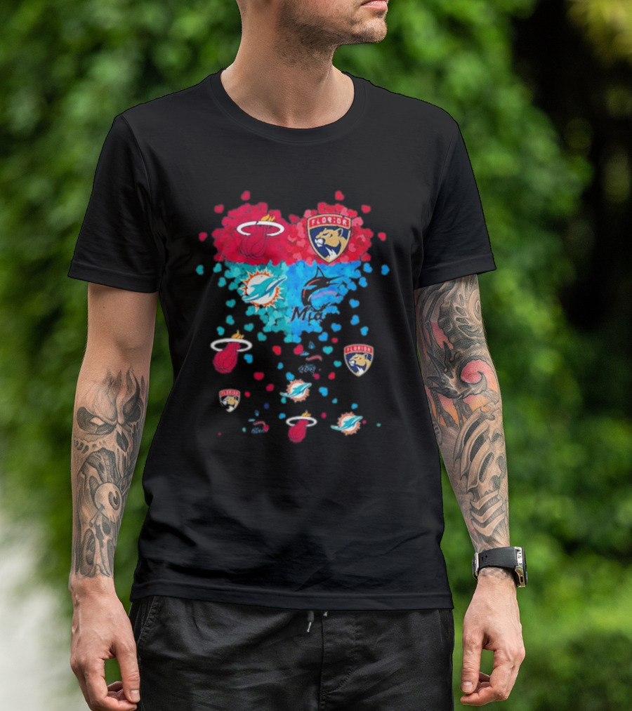 Miami Dolphins Miami Heat Florida Panthers Mashup Hearts T-Shirt
