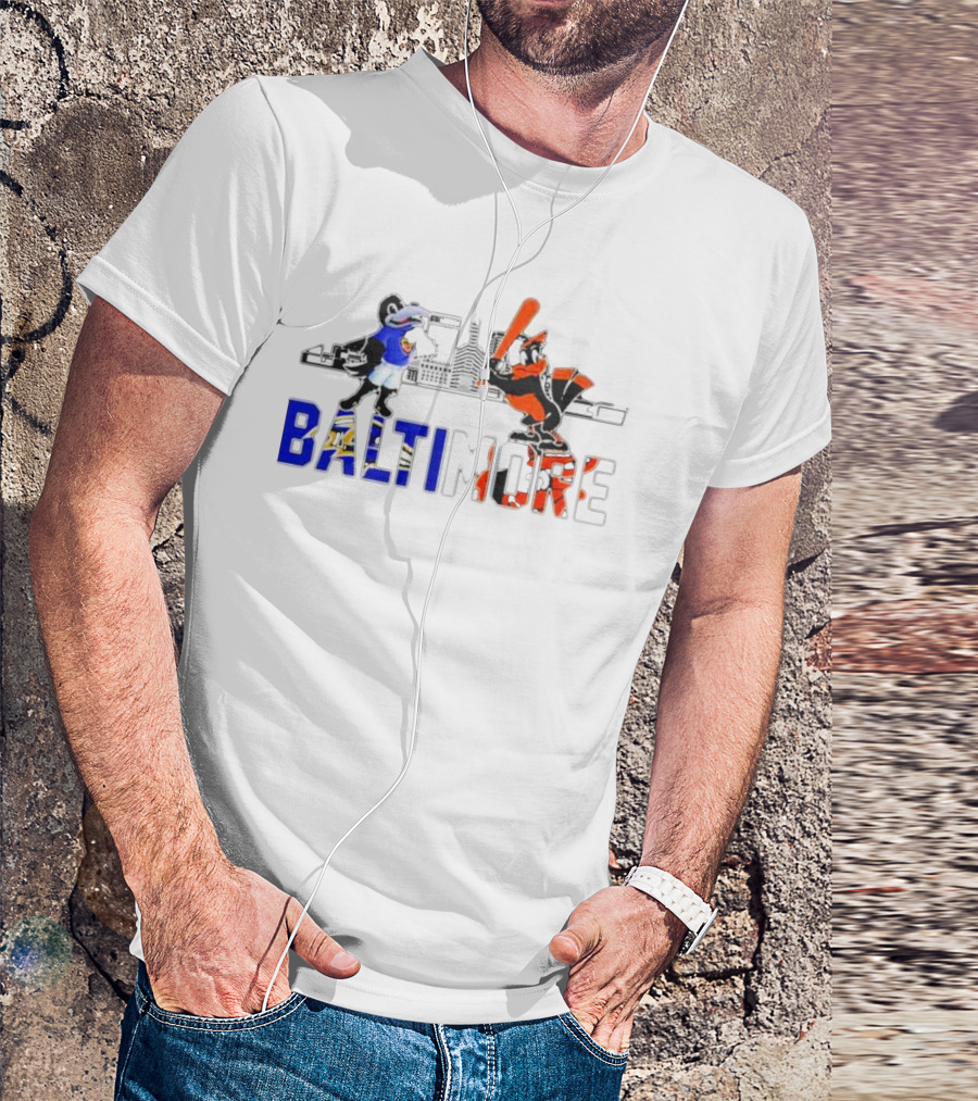 Baltimore Ravens And Orioles Mascot Skyline T-Shirt