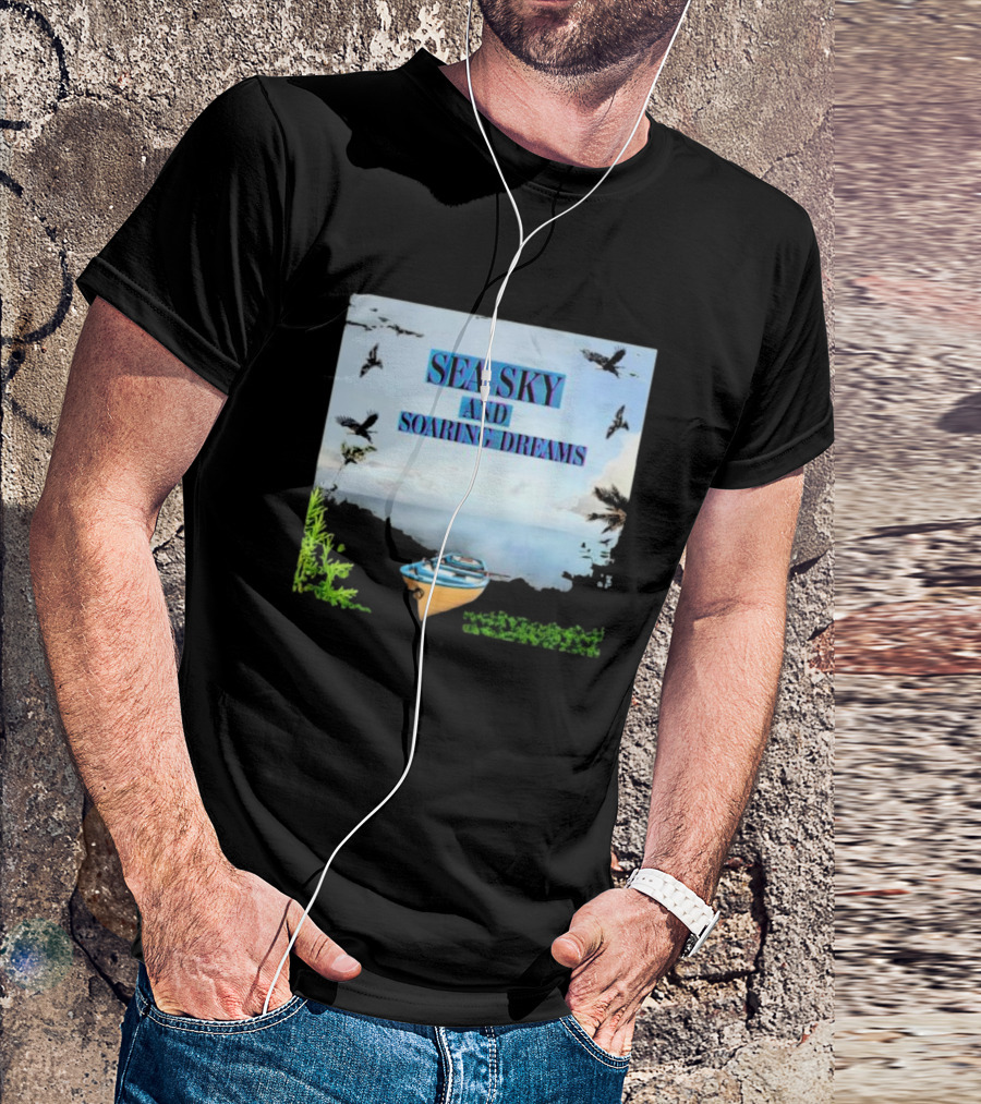 SEA SKY AND SOARING DREAMS WITH BIRDS AND BOAT IN NATURE SCENE T-Shirt