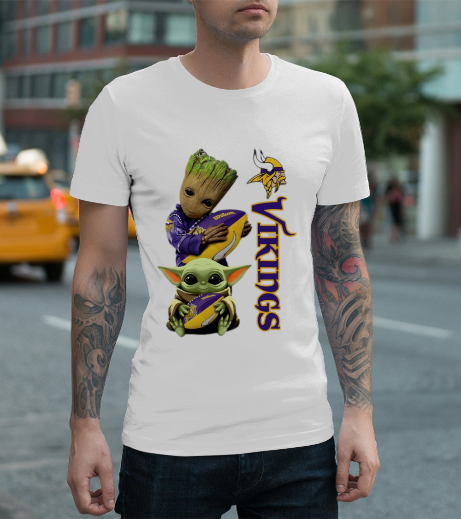 Baby Groot and Yoda Hugging Minnesota Vikings Football T-Shirt