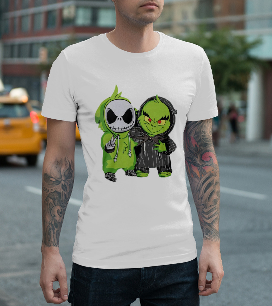 Baby Jack Skellington And Grinch In Green Hoodies T-Shirt