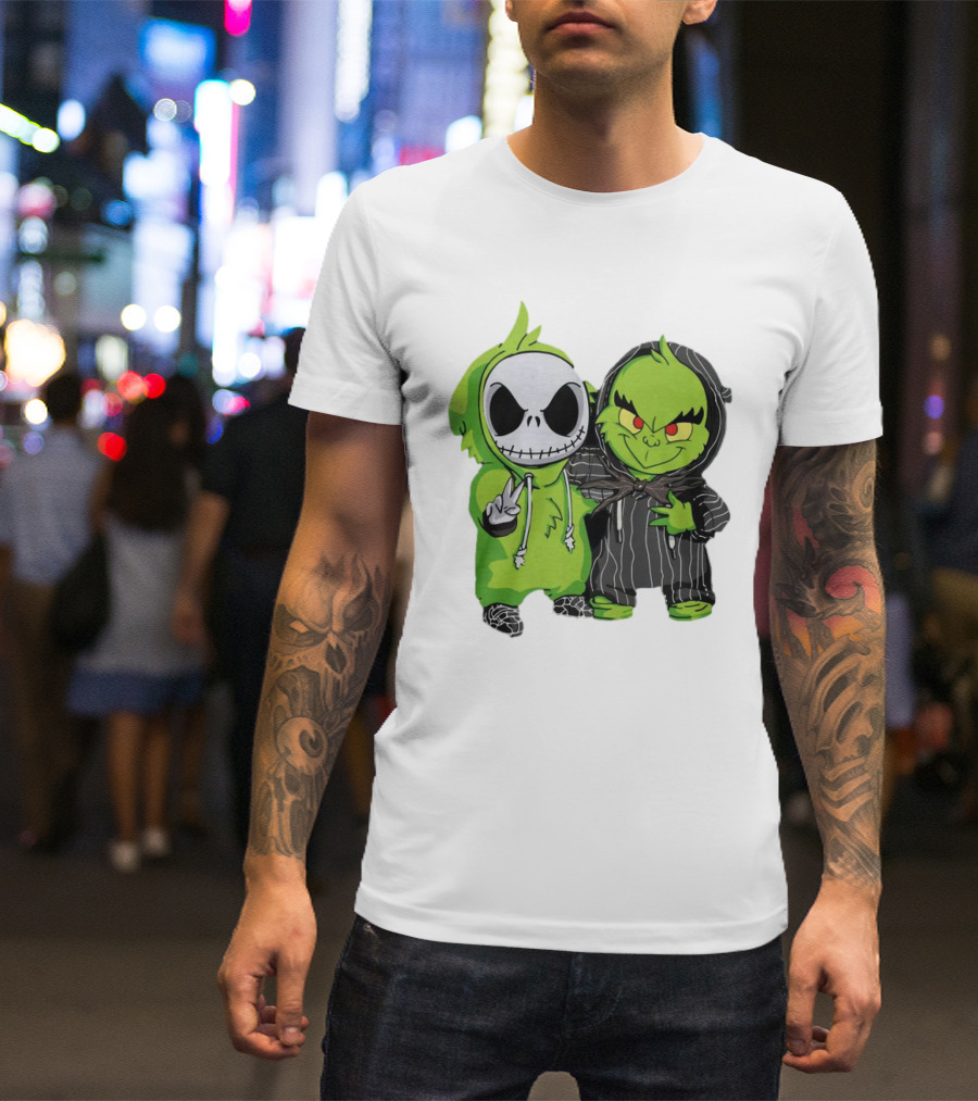 Baby Jack Skellington And Grinch In Green Hoodies T-Shirt