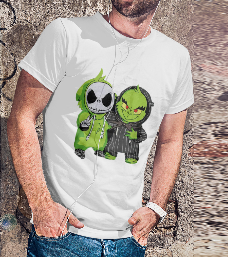 Baby Jack Skellington And Grinch In Green Hoodies T-Shirt
