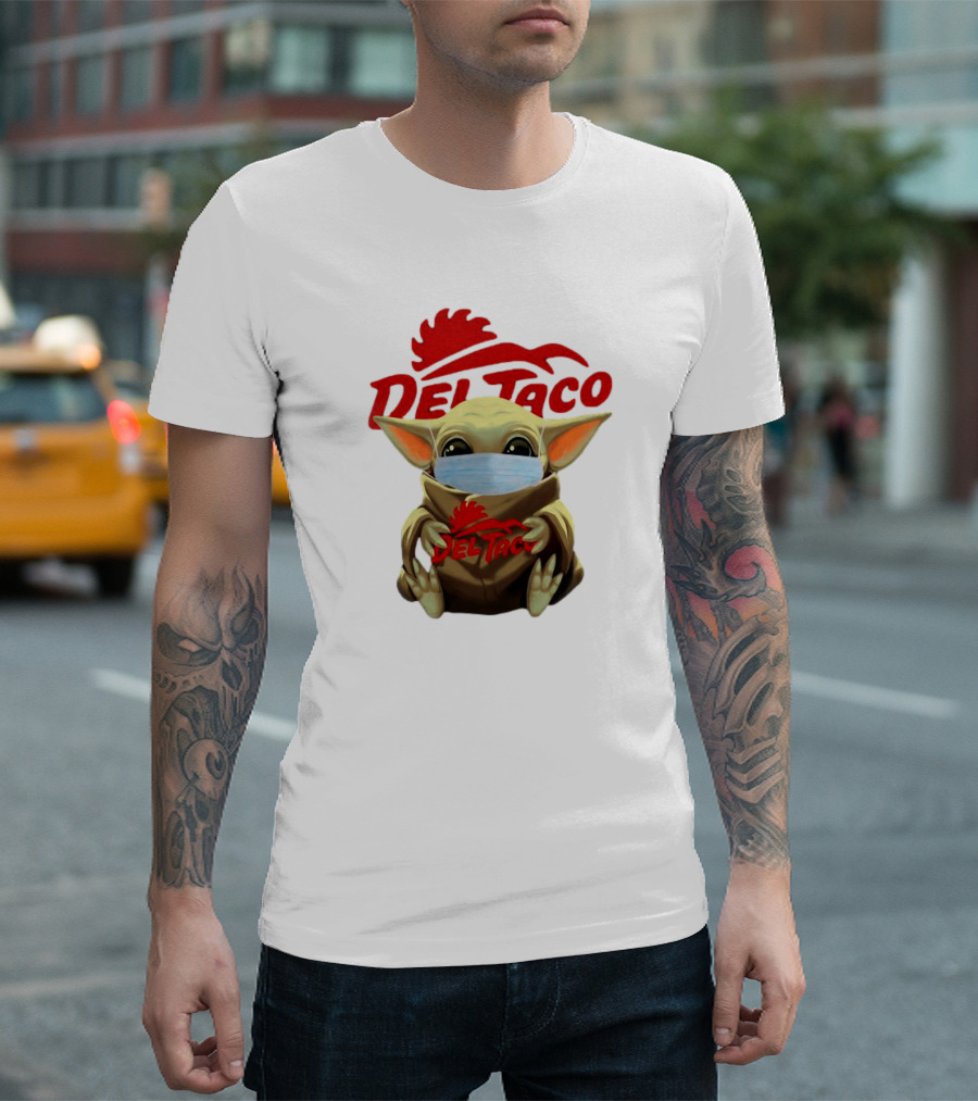 Baby Yoda Wearing Face Mask Holding Del Taco T-Shirt