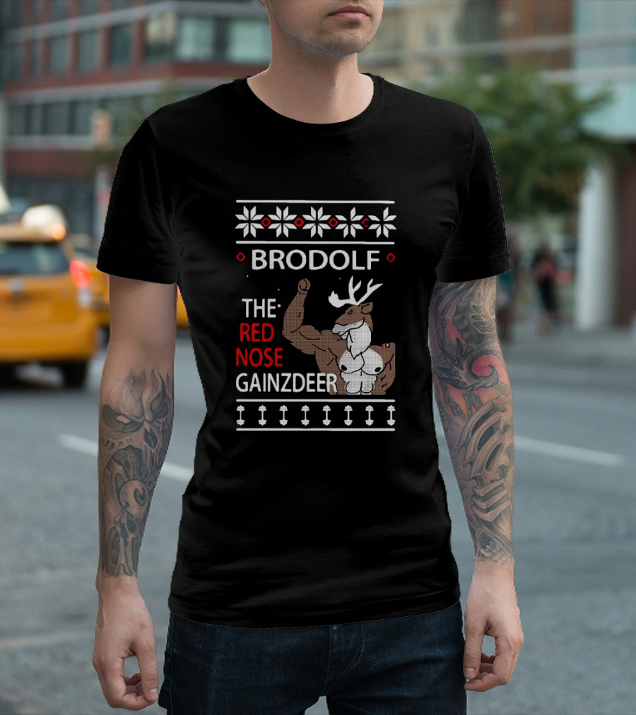 Brodolf the Red Nose Muscle Gainz Deer Christmas T-Shirt
