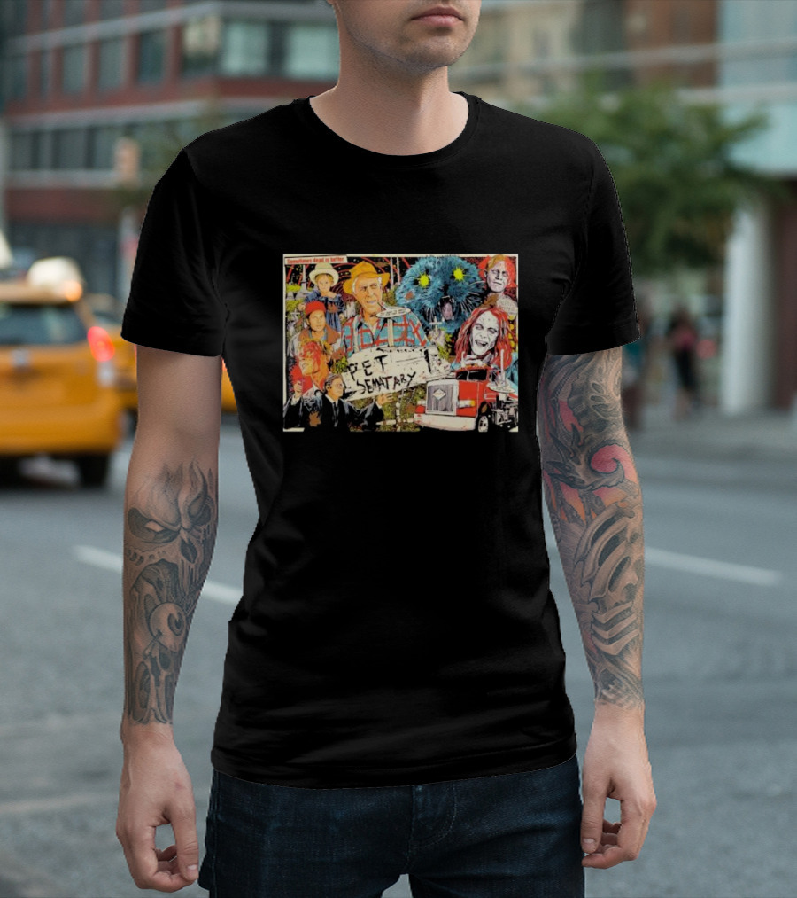 Pet Sematary Sometimes Dead Is Better Horror Characters Collage with Cat and Truck T-Shirt