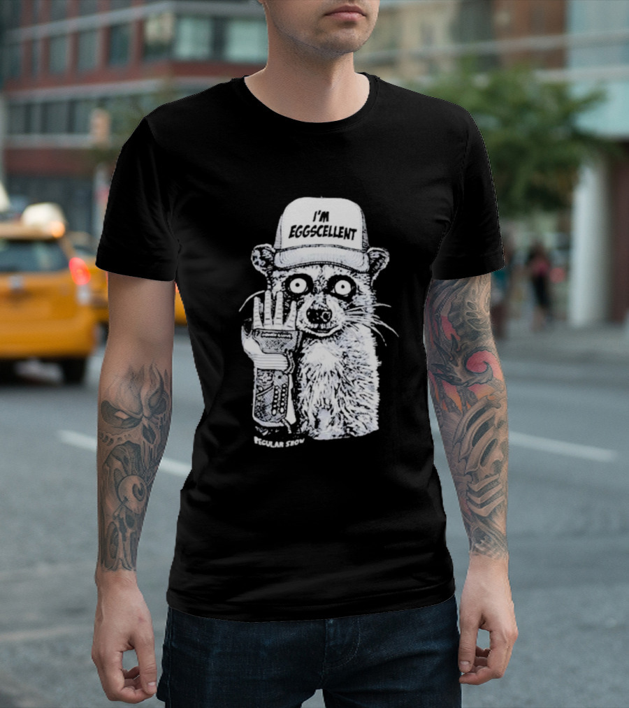 I'm Eggscellent Rigby Regular Show Raccoon Wearing Hat with Cybernetic Arm T-Shirt