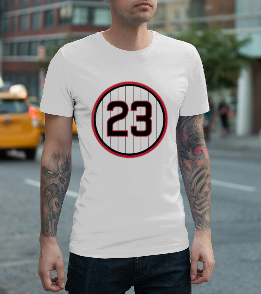 Ryne Sandberg Number 23 Pinstripe Circular Emblem T-Shirt