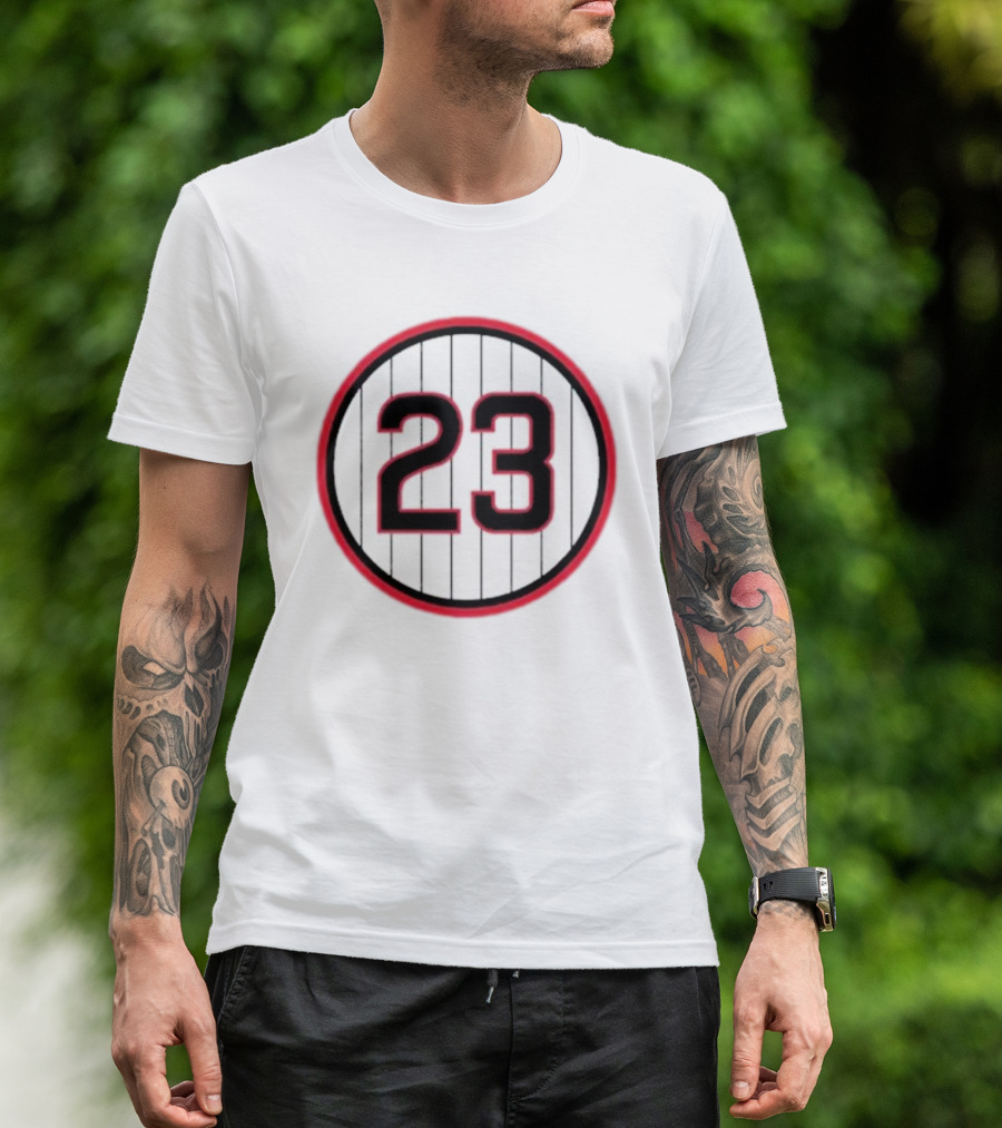 Ryne Sandberg Number 23 Pinstripe Circular Emblem T-Shirt
