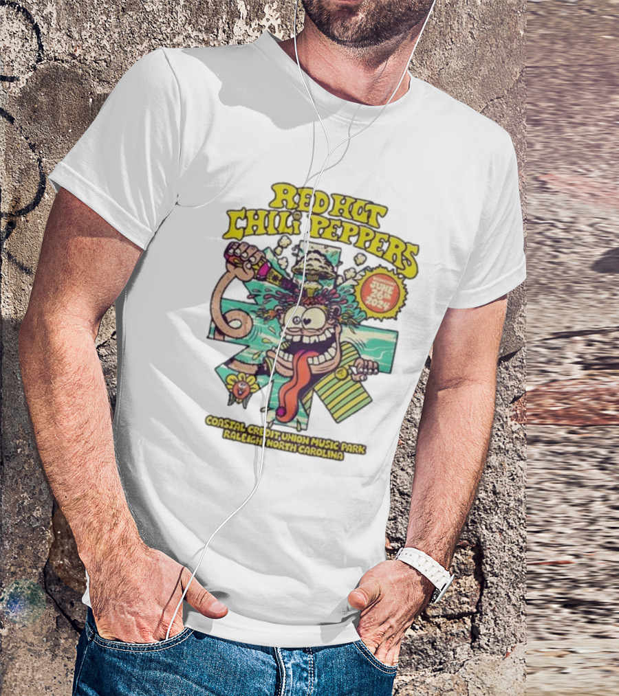 Red Hot Chili Peppers June 26 2024 Coastal Credit Union Music Park Raleigh North Carolina Colorful Cartoon T-Shirt