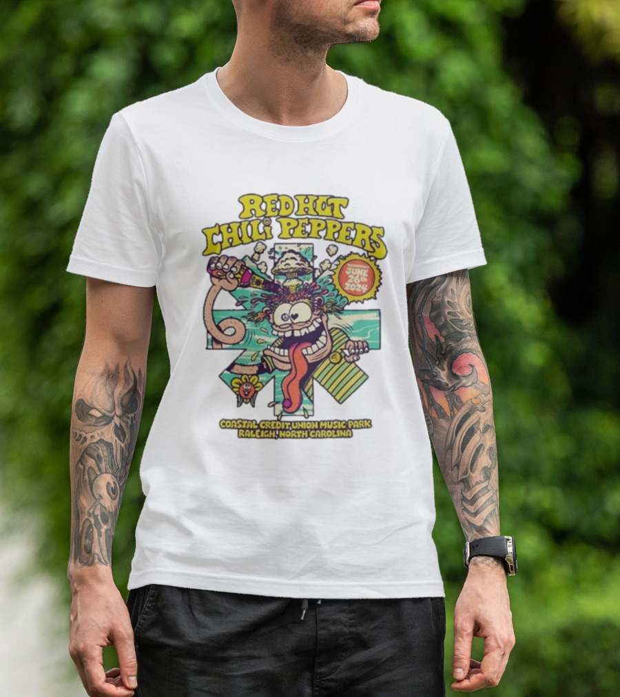 Red Hot Chili Peppers June 26 2024 Coastal Credit Union Music Park Raleigh North Carolina Colorful Cartoon T-Shirt