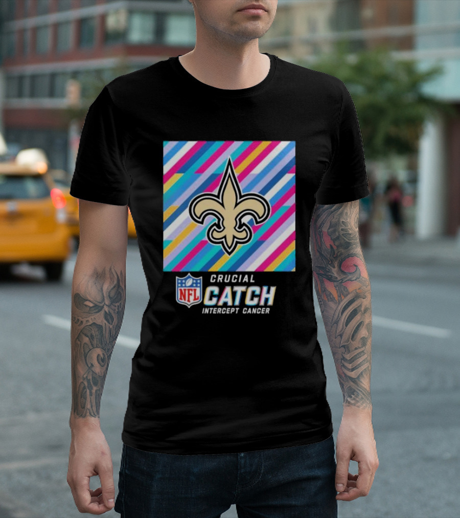 New Orleans Saints Crucial Catch Intercept Cancer NFL 2024 Fleur-de-Lis Icon and Bold Stripes T-Shirt