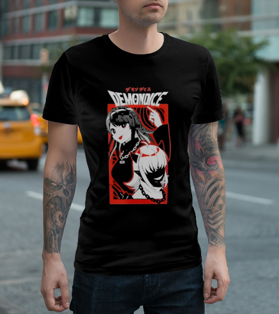 DEMONDICE Anime Style Red And White Character Design Chains T-Shirt