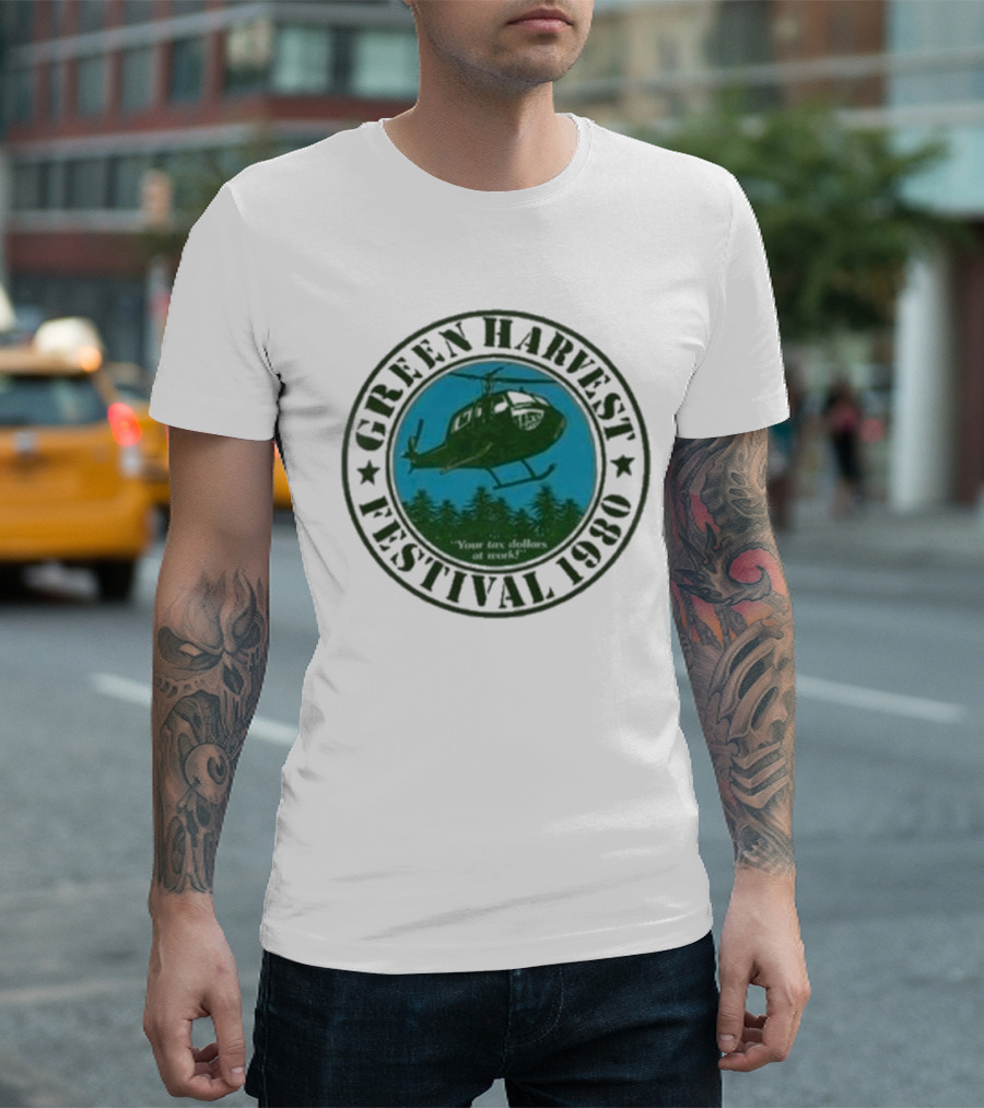 Green Harvest Festival Crazy Helicopter Forest Scene T-Shirt