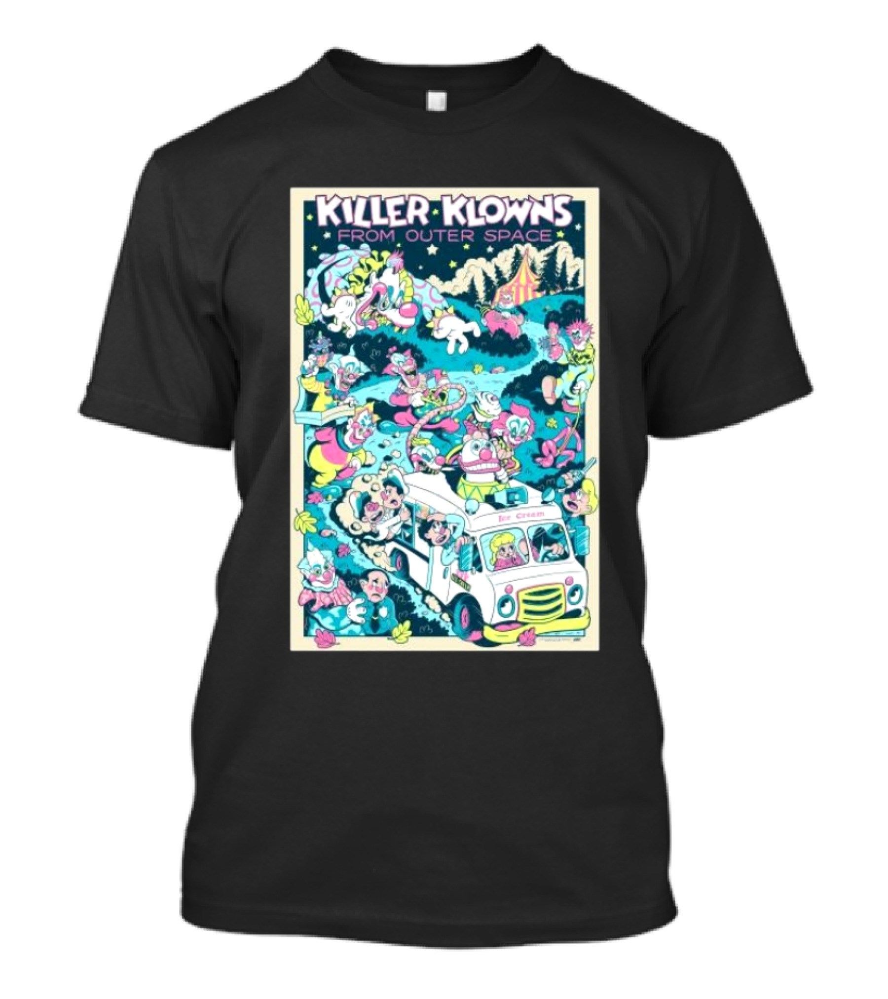 Killer Klowns From Outer Space Ice Cream Truck Invasion With Colorful Circus Characters T-Shirt
