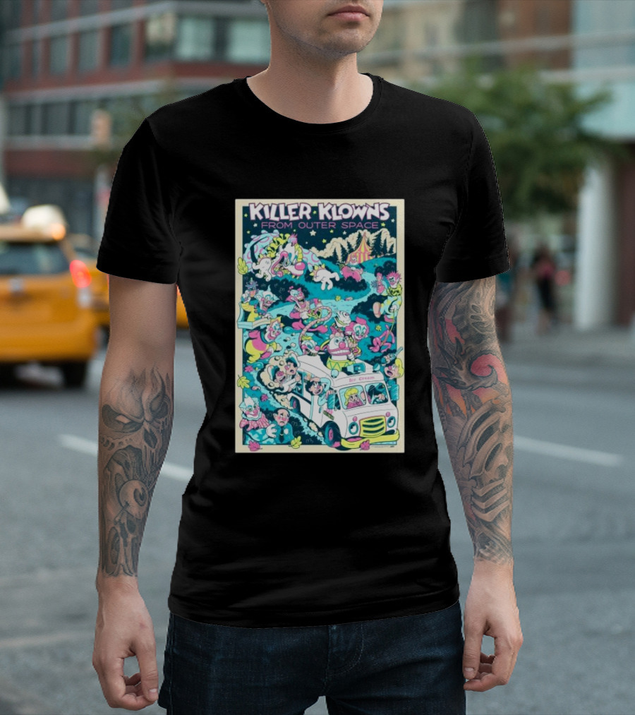 Killer Klowns From Outer Space Ice Cream Truck Invasion With Colorful Circus Characters T-Shirt