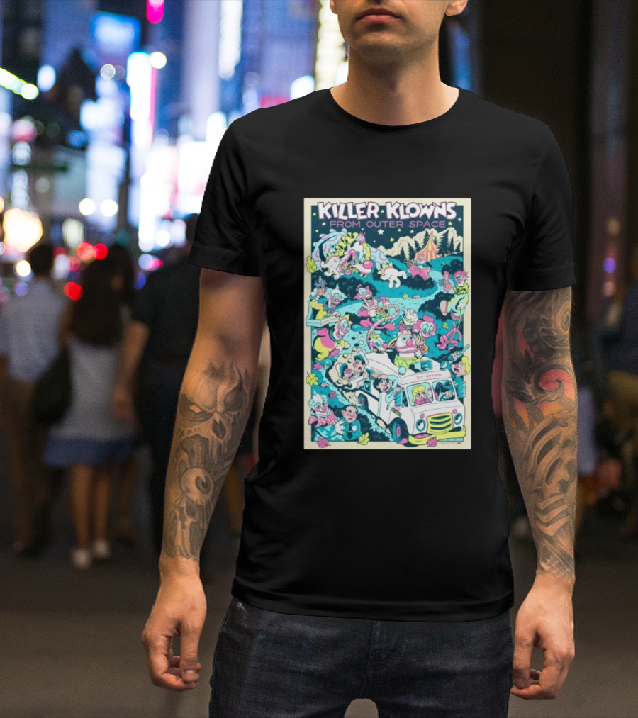 Killer Klowns From Outer Space Ice Cream Truck Invasion With Colorful Circus Characters T-Shirt