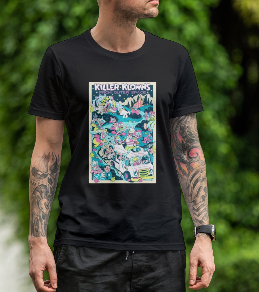 Killer Klowns From Outer Space Ice Cream Truck Invasion With Colorful Circus Characters T-Shirt