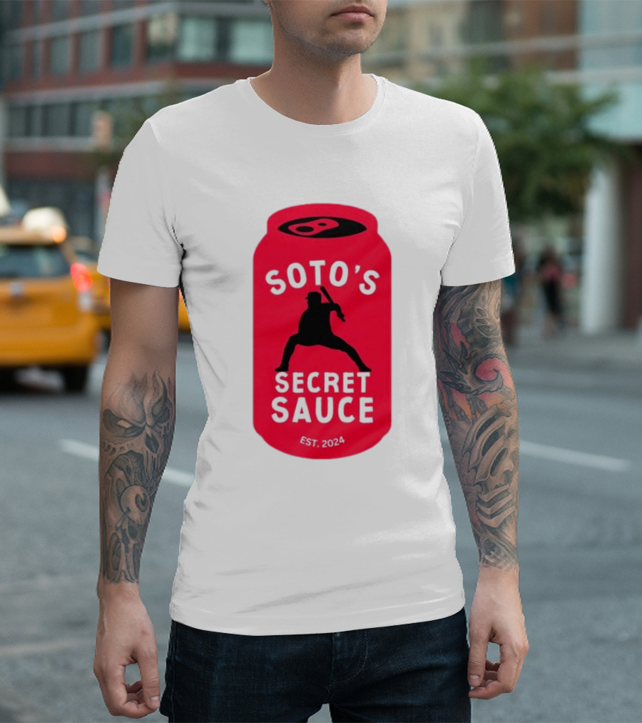 Soto's Secret Sauce Est 2024 Baseball Batter Icon on Red Can T-Shirt