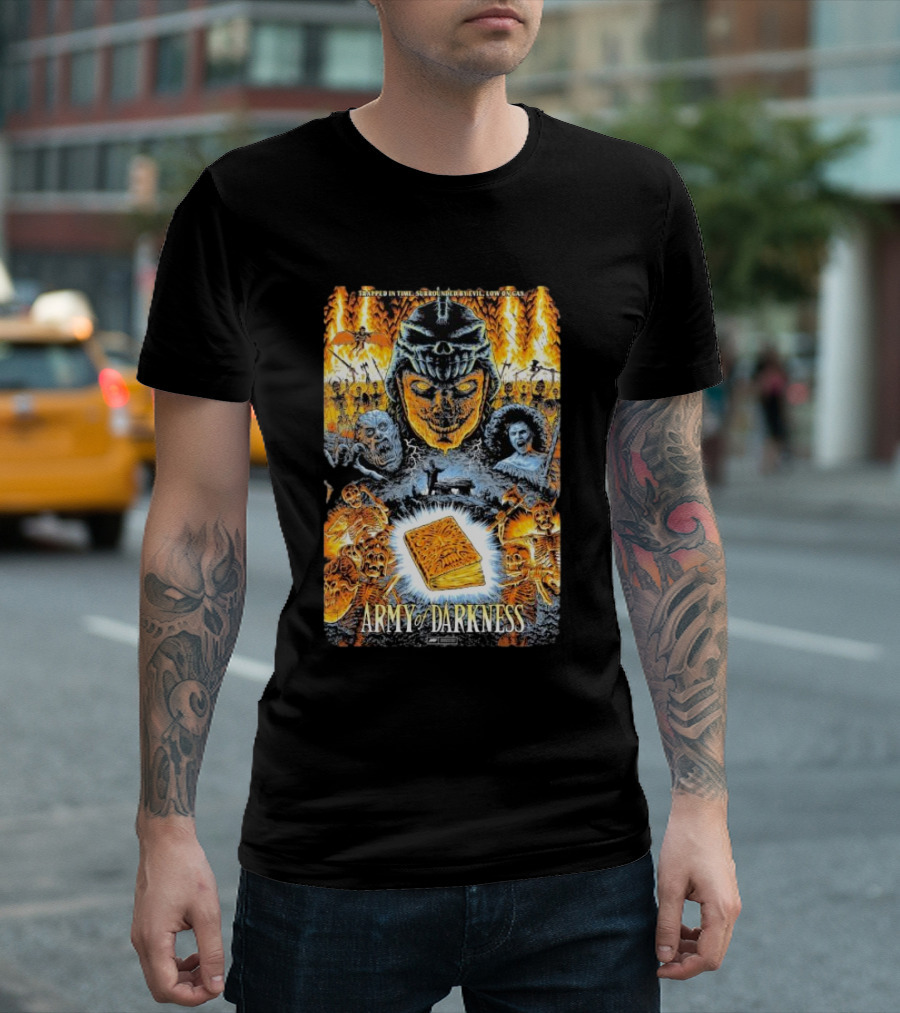 Trapped In Time Surrounded By Evil Low On Gas Army Of Darkness Necronomicon Evil Dead Horror Collage T-Shirt