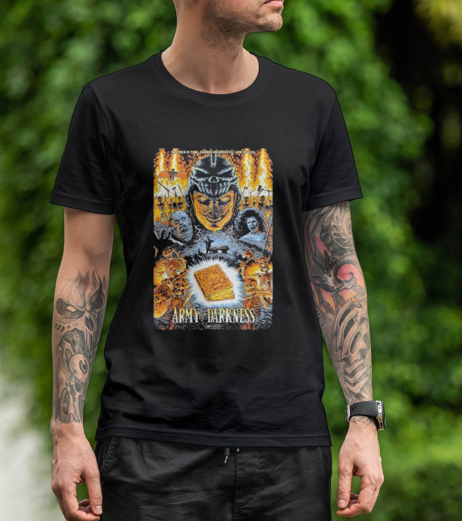 Trapped In Time Surrounded By Evil Low On Gas Army Of Darkness Necronomicon Evil Dead Horror Collage T-Shirt