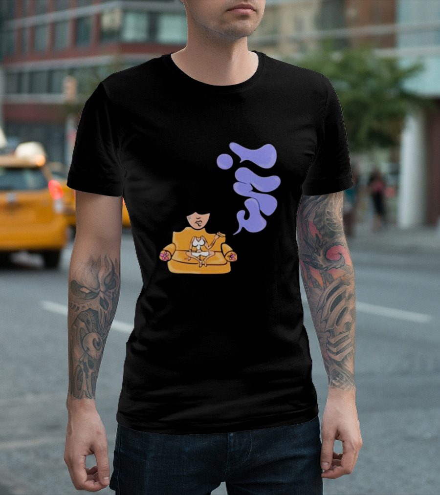 Umi Sitting on Couch with Whoisumi Stylized Smoke T-Shirt