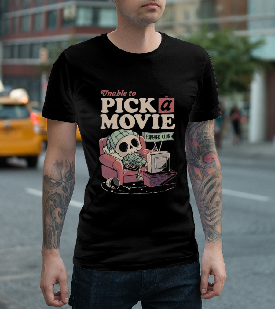 Unable to Pick a Movie Forever Club Skeleton Television T-Shirt